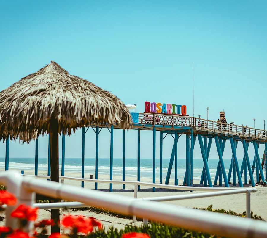 Rosarito Beach pier under blue sky